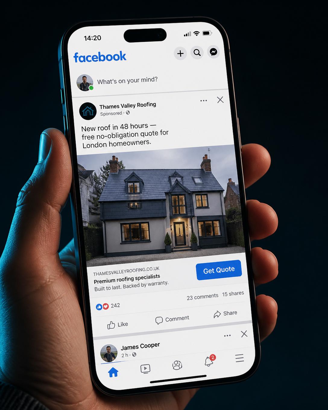 Example Facebook News Feed ad for a roofing client, deployed by DGC after proprietary AI targeting