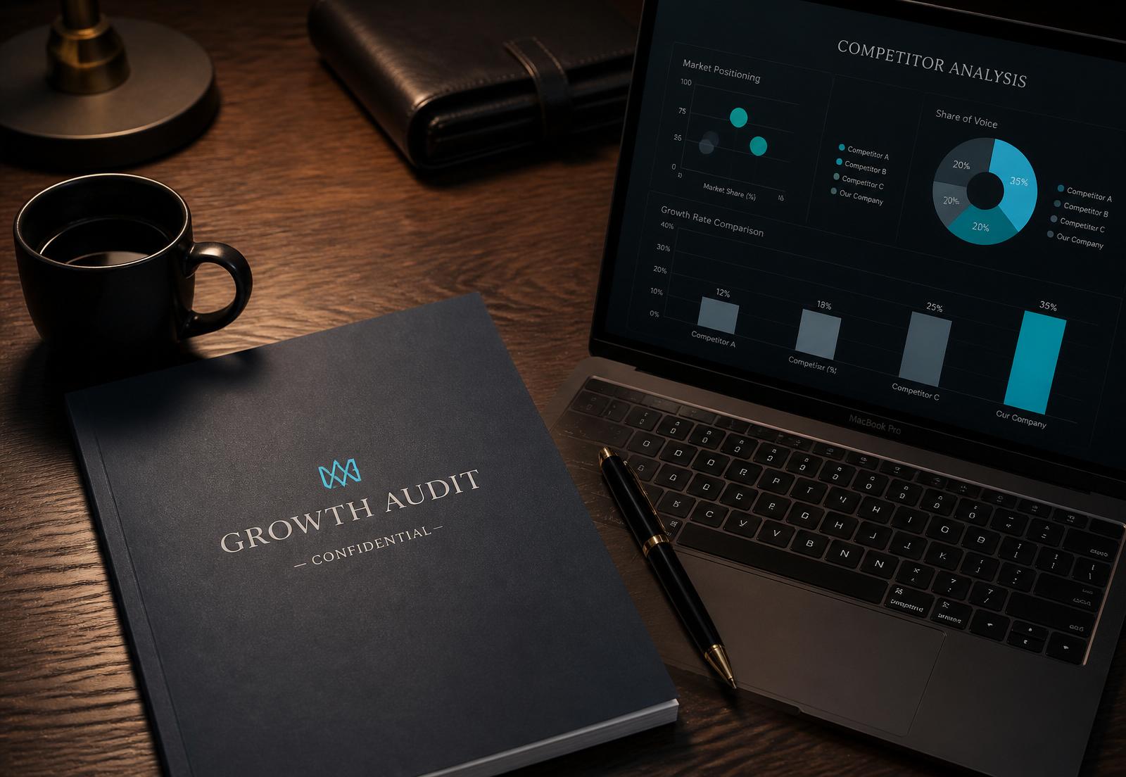 A DGC Growth Audit — a printed competitor and marketing analysis report delivered personally to every client