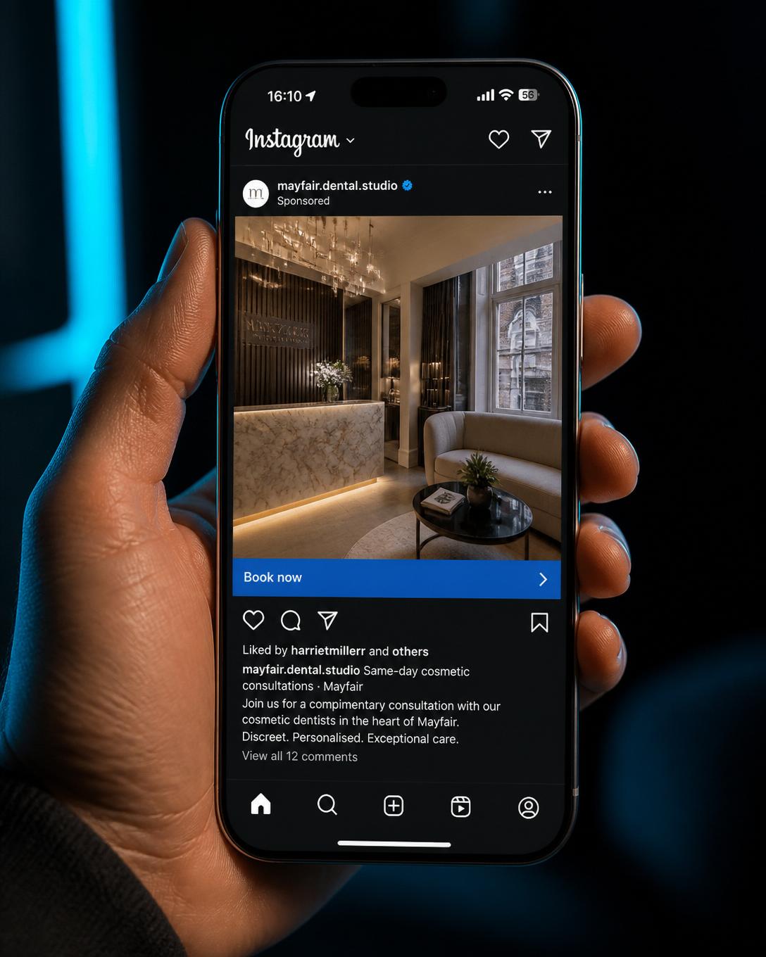 Example DGC-produced Instagram sponsored ad campaign for a Mayfair dental studio, rendered natively on iPhone