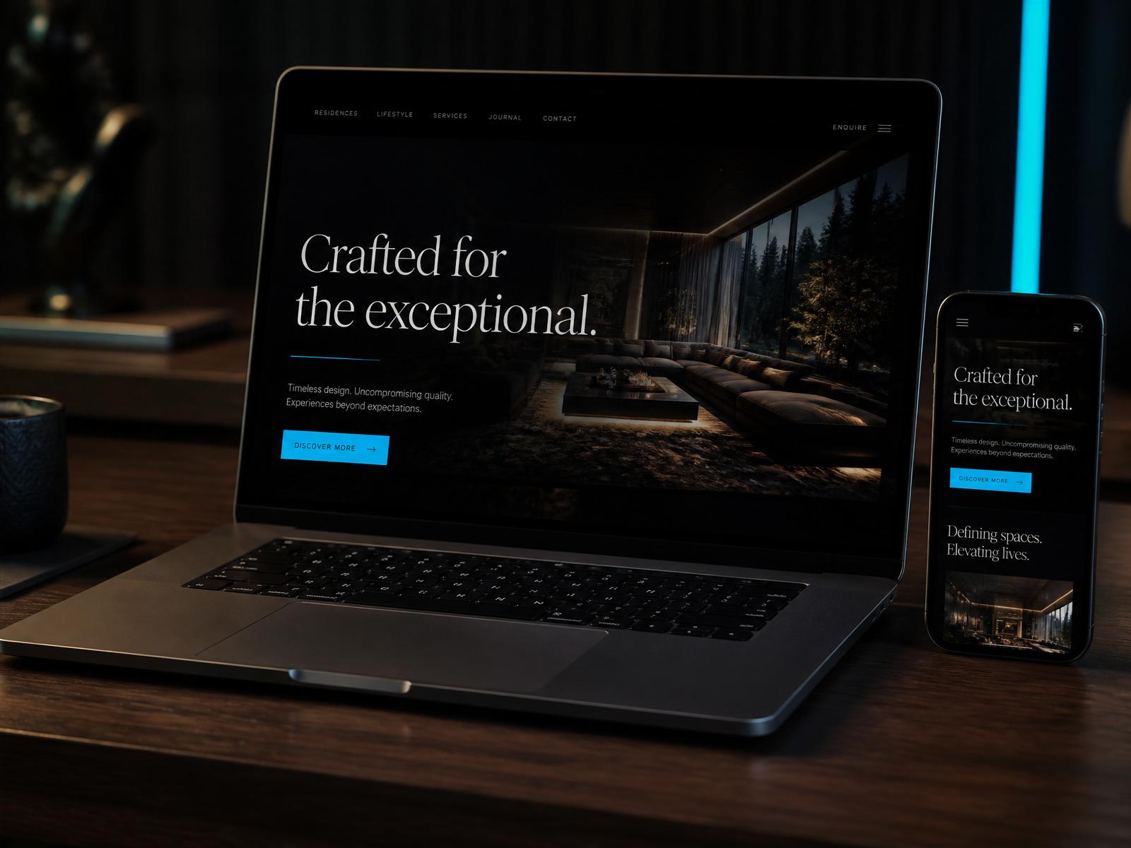 Example of a premium DGC website — dark editorial homepage rendered on MacBook Pro and iPhone